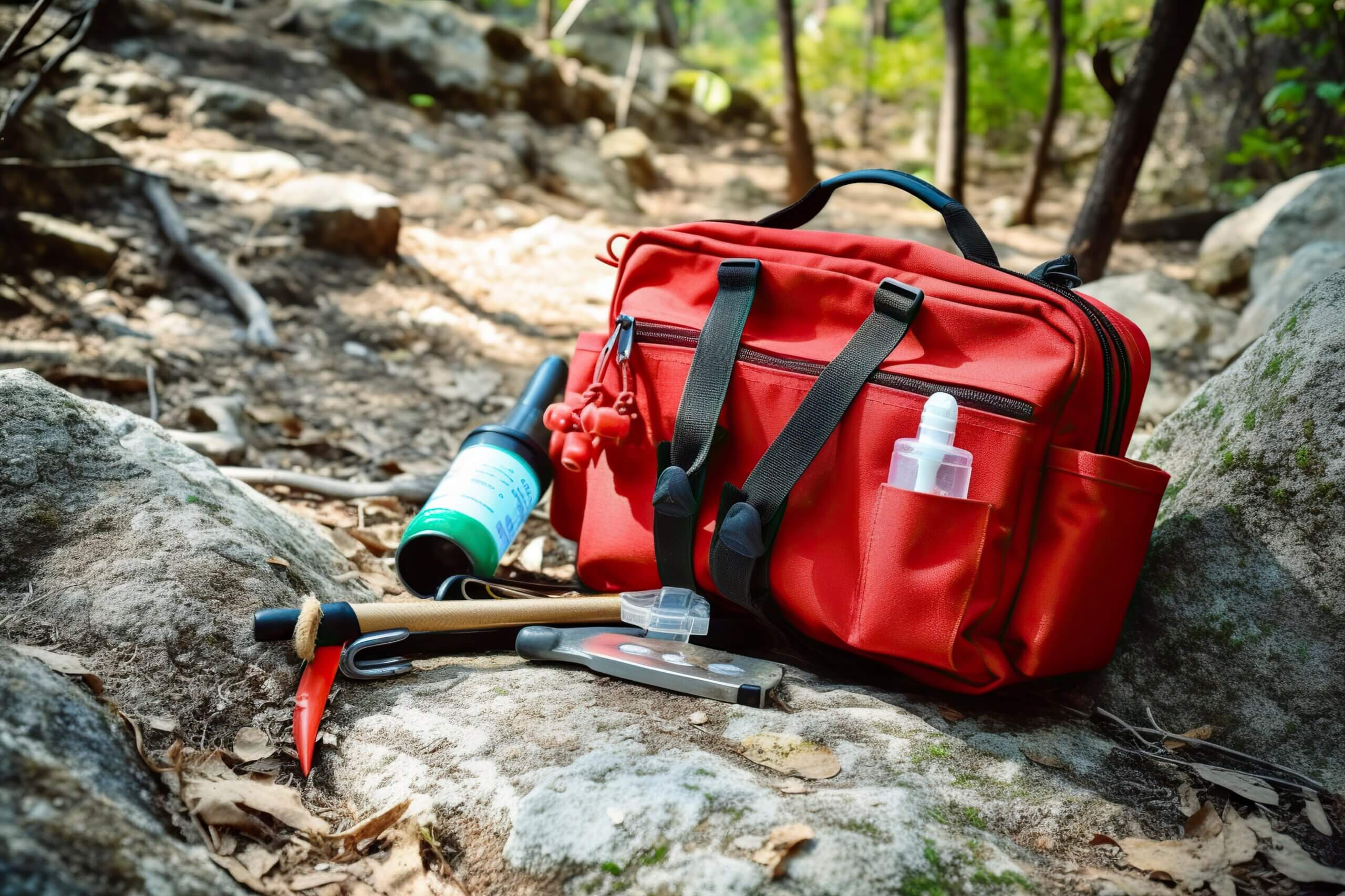 First aid backpack on a rock on a mountain trail. Ai generated.